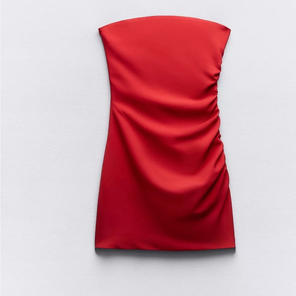 Zara Strapless Red Satin Ruched Dress